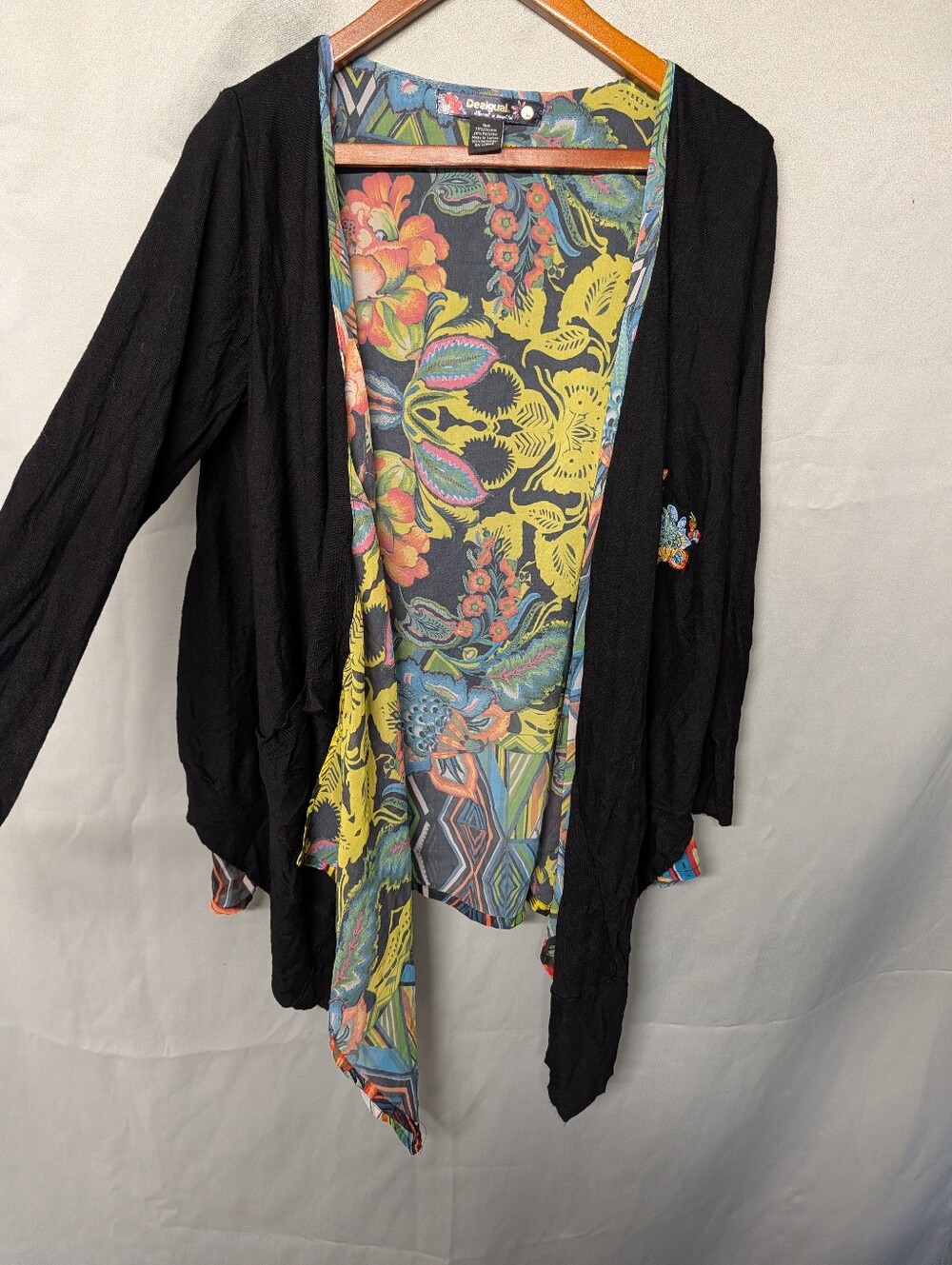 Desigual Black Open-Front Cardigan w/ Multicolor Floral Lining Floral Embroided